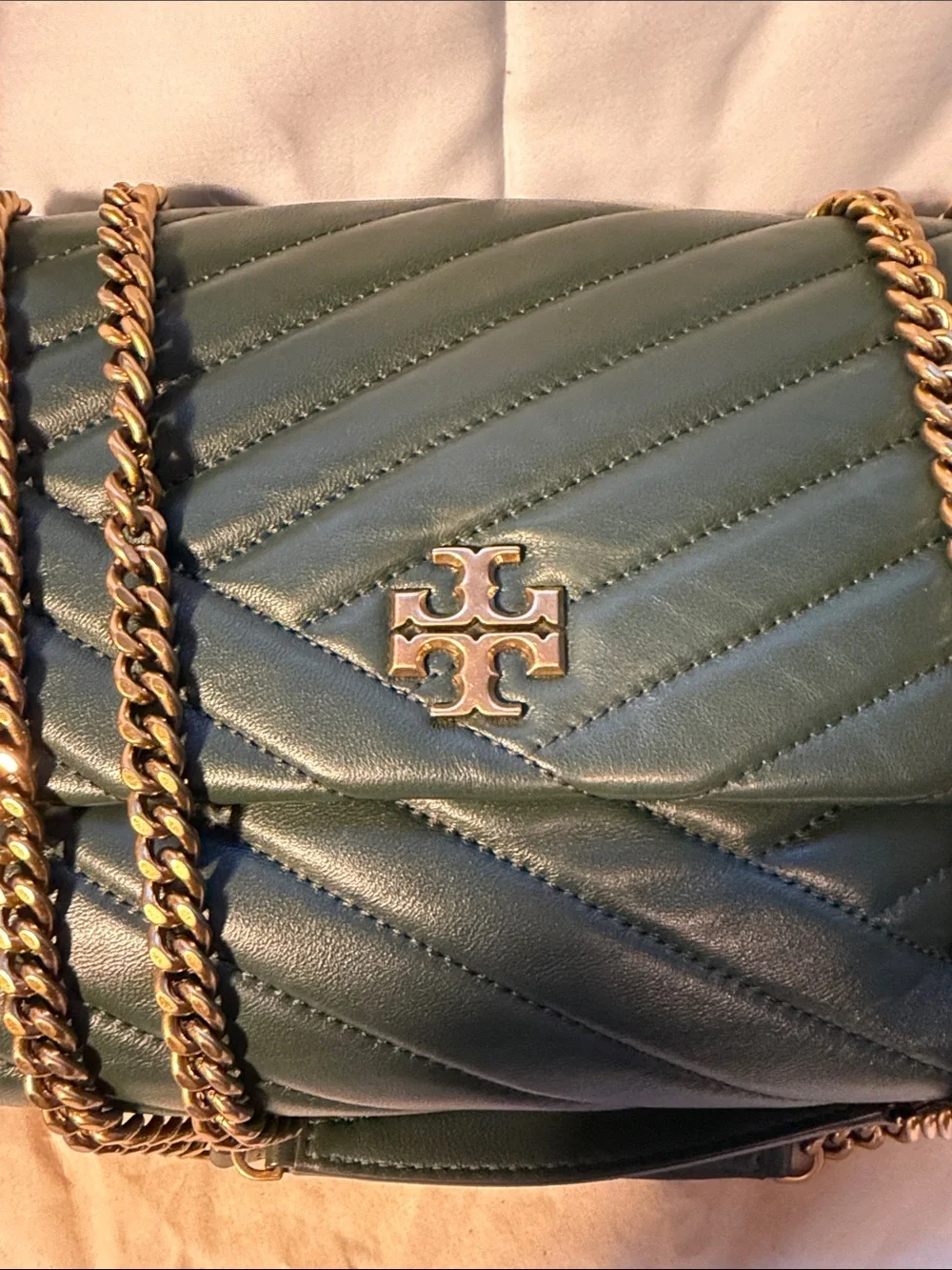 Tory Burch Kira Chevron Convertible Shoulder Bag Green Leather Gold Chain
